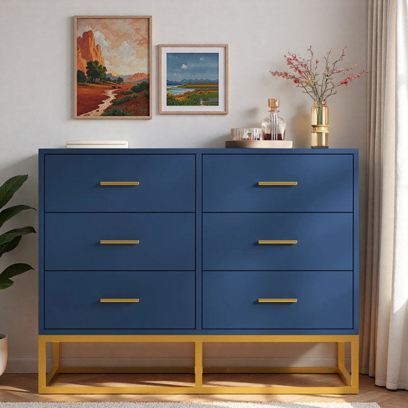 Commode moderne à 6 tiroirs, poignées dorées et élégant piètement en métal, Marine