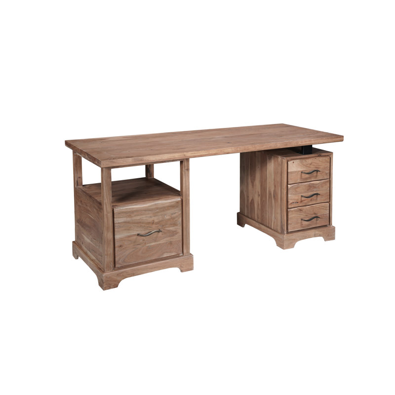 Bureau rectangulaire Chaliyah en bois d'acacia massif, 173 cm, avec tiroir à dossiers suspendus, Oak Wood