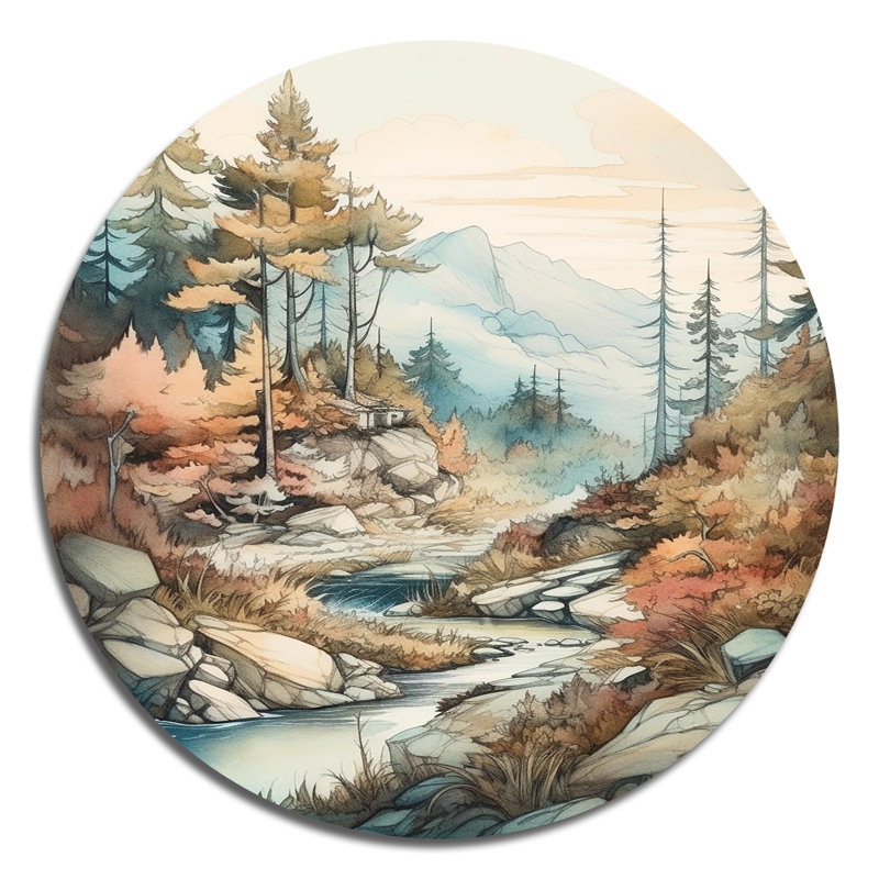 Ruisseau qui coule à travers les montagnes - Montagnes, art mural rond en métal, H 23 po x l 23 po x P 1 po