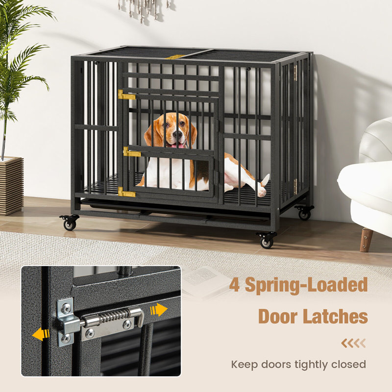 Heavy-Duty Black Metal Foldable Dog Cage with Wheels