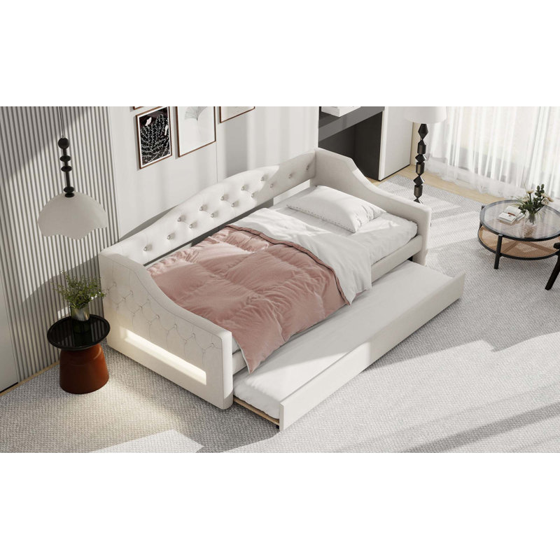 Lit de jour rembourré simple TG avec ceinture et lit gigogne, Beige