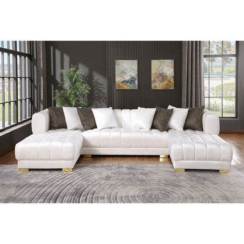 Canapé modulaire rembourré 3 pièces Khysen, Velours blanc