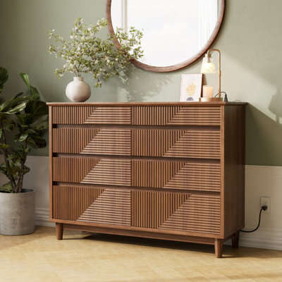 47" Fluted 8 Drawer Dresser for Bedroom with Charging Station, Wooden Wide Modern Chest of Drawers for Living Room, Hallway, Walnut