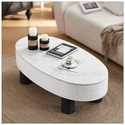 Table basse ovale avec plateau en faux marbre, design moderne Mid-Century, tiroir caché et espace de rangement pour le salon, la chambre à coucher, le bureau
