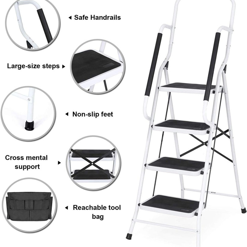 4 Step Ladder With Handrails 500 Lb Capacity Step Stool Folding Portable Ladders For Home Kitchen Steel Frame With Non-Slip Wide Pedal Stepladder With Attachable Tool Bag Black