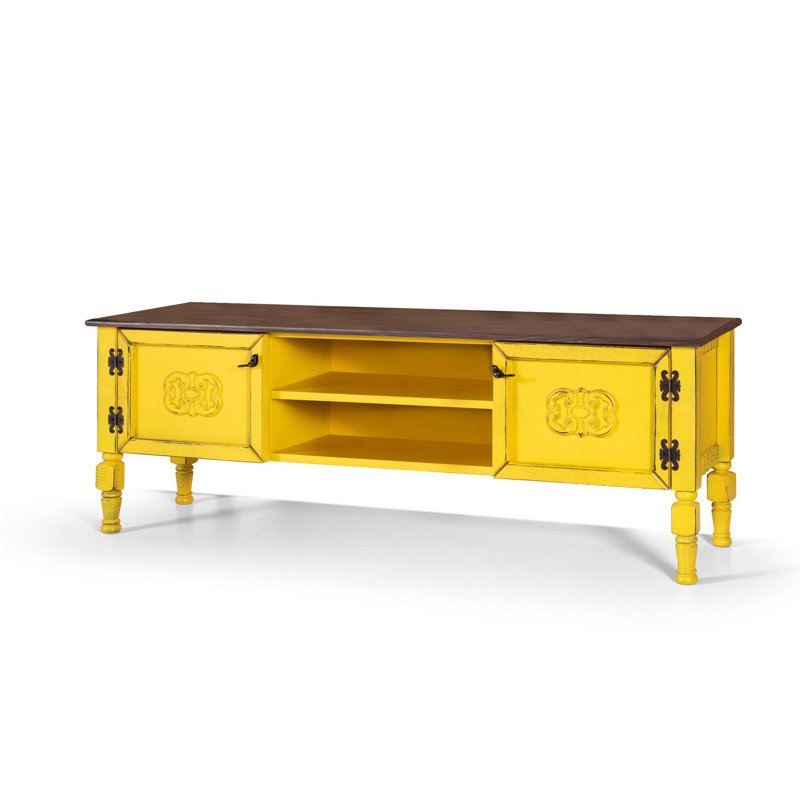 Élégant meuble télé jaune avec plateau en bois d'épinette et pieds de charme, 59,1 po x 15,7 po x 19,7 po | Fabrication 100% en panneau de fibres à densité moyenne, épaisseur de 0,4 pouce | Parfait pour le salon et le rangement des médias, design durable et élégant