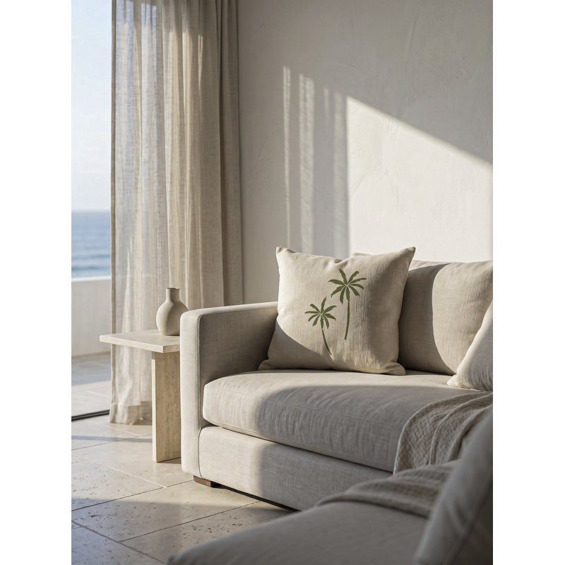 Palm Breeze Embroidered Linen Pillow, Down Alternative