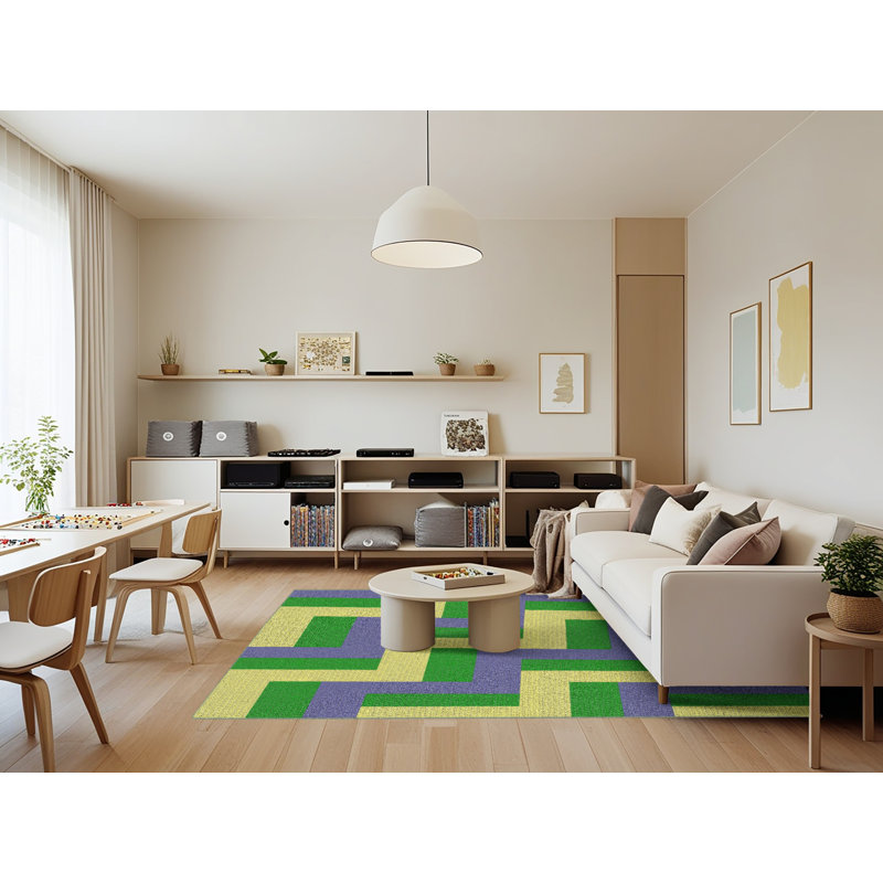 Bleu/jaune Tapis décoratif, Rectangle 7 pi x 9 pi