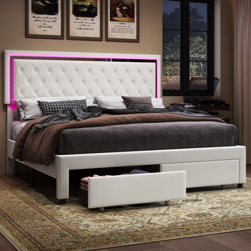 Chantaya Upholstered Platform Storage Bed, King, White