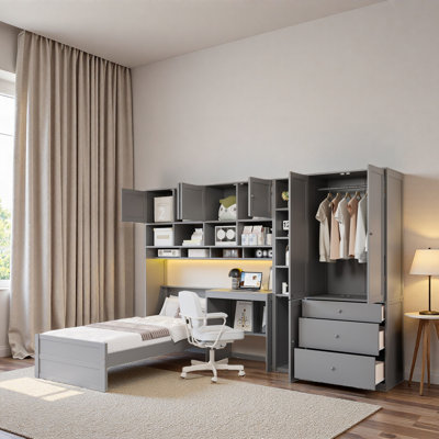 Lit plateforme multifonctionnel avec bureau, bande lumineuse à DEL, armoire, armoires, 3 tiroirs et tablettes de rangement