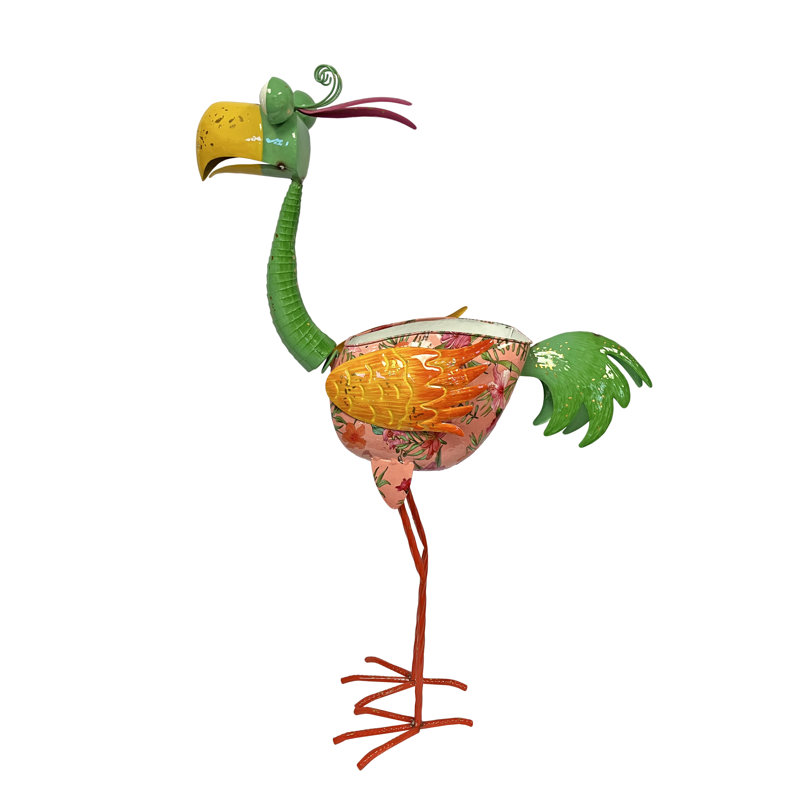 Colorful Enameled Metal Tall Tropical Bird Planter for Indoor/Outdoor Use