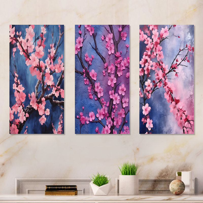 Symphonie de cerisiers roses et bleus, H 28 po x l 36 po, Toile tendue