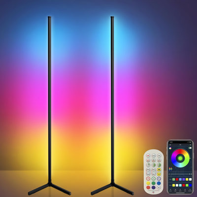 Lampadaire d'angle RVB en forme de L, application Bluetooth, télécommande et boutons de contrôle, éclairage d'ambiance DEL, lampe sur pied à changement de couleur synchronisée avec la musique pour salon, chambre, salle de jeux