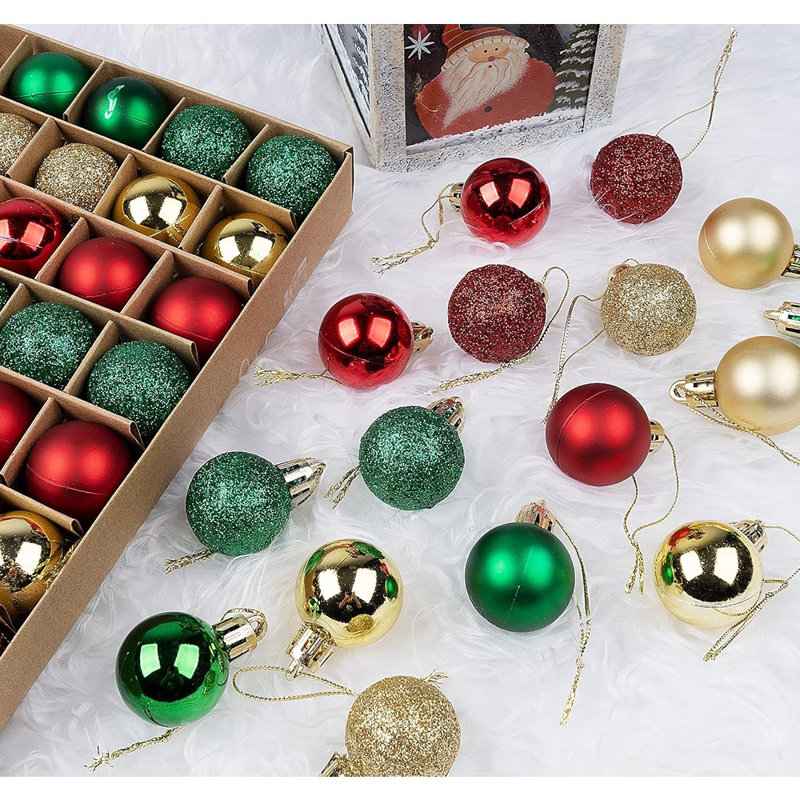 54 boules de Noël - mini-boules d'arbre incassable de 1,18 po avec cordes, boules multicolores rouges, vertes et dorées pour décorations de Noël
