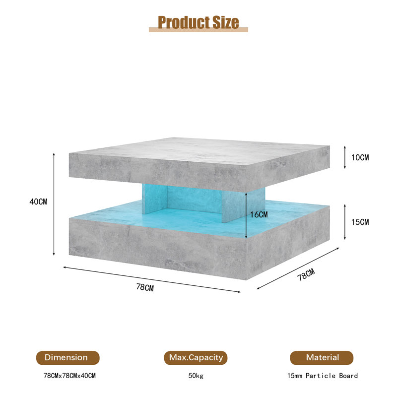 Charvez Modern Square High-Gloss LED Coffee Table with Storage, Grey, 40cm H x 78cm W x 78cm D