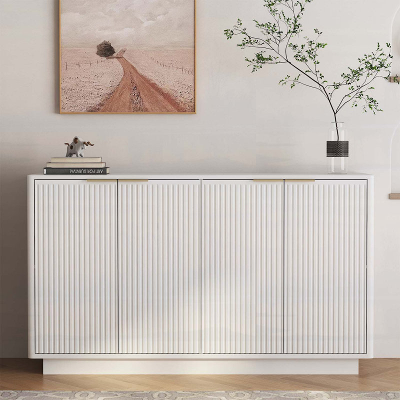 Buffet moderne avec rangement, buffet cannelé avec tablettes réglables, crédence, console d'appoint, White