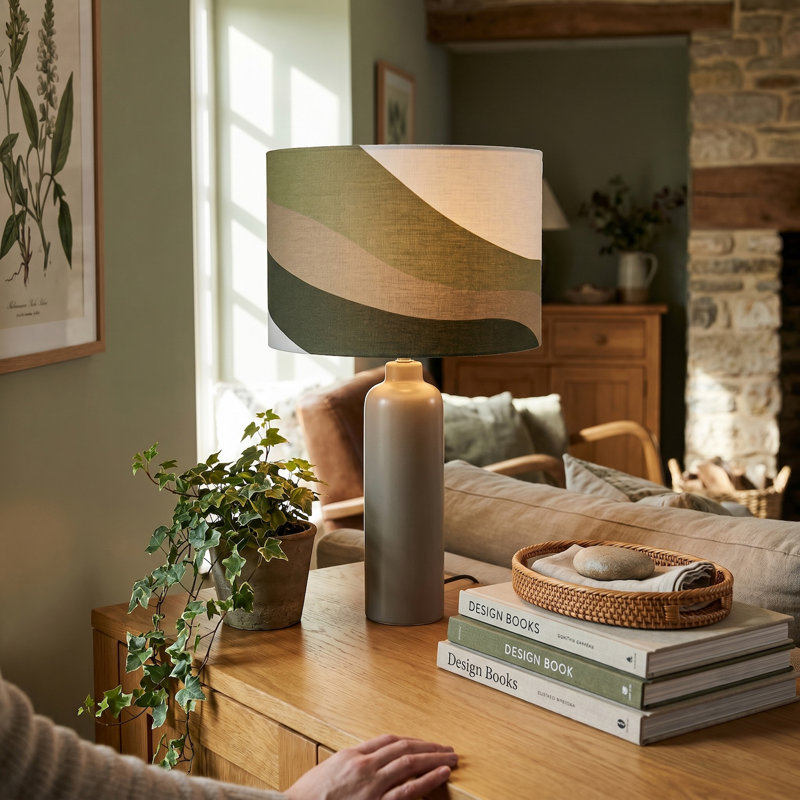 Forest Green Linen Fabric Lamp Shade With Inner And Outer Wavy Design By , Olive Green