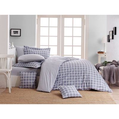 Ensemble de housse de courtepointe 100% coton Ranforce, bleu et blanc | Comprend une housse de couette 53 x 79 et une taie d'oreiller 31 x 31 | 145 fils, lavable à la machine, fermeture à boutons pour couette, fermeture à enveloppe pour oreiller | Literie douce et durable