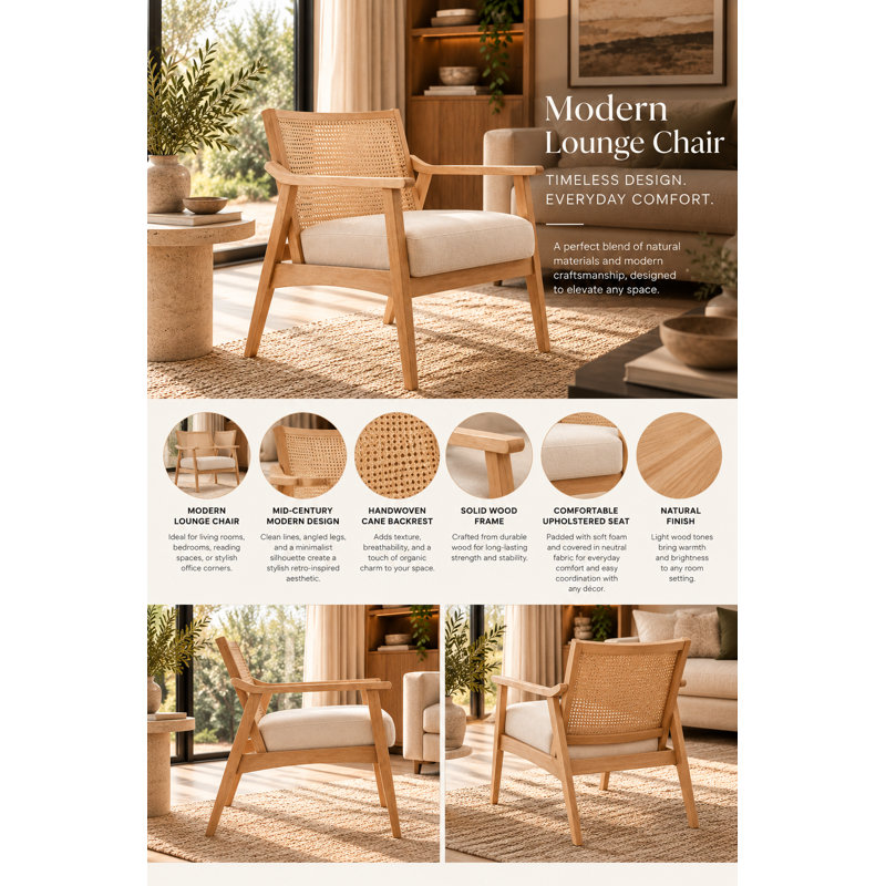 Pangea Home Jac Lavanda Cane Lounge Chair – Modern Accent Chair with Natural Woven Cane Backrest & Bone FULLY Assembled Upholstered Seat for Living Room, Office, or Bedroom - Beige Cane Chair