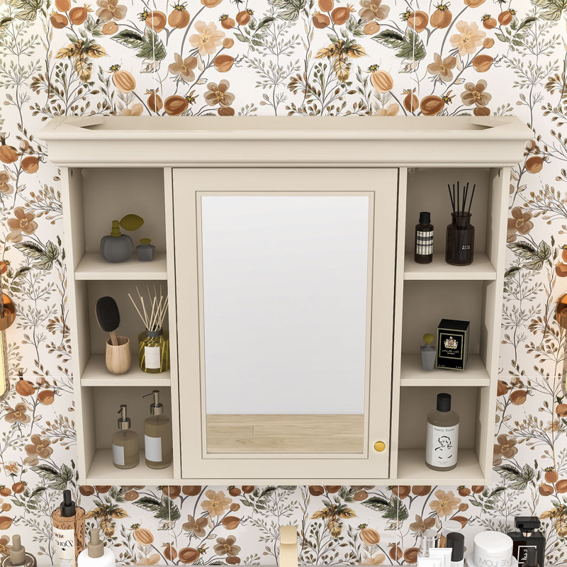 Elegant Bathroom Storage Cabinet with Mirror Door and 5 Open Shelves, Beige/Cream
