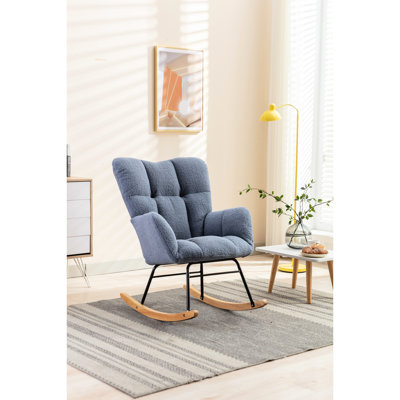 Fauteuil d'appoint à bascule bleu pour chambre à coucher et salon intérieur, dossier, structure en eucalyptus, chambre de bébé facile à nettoyer, capacité de 250 lb, isolation du sol