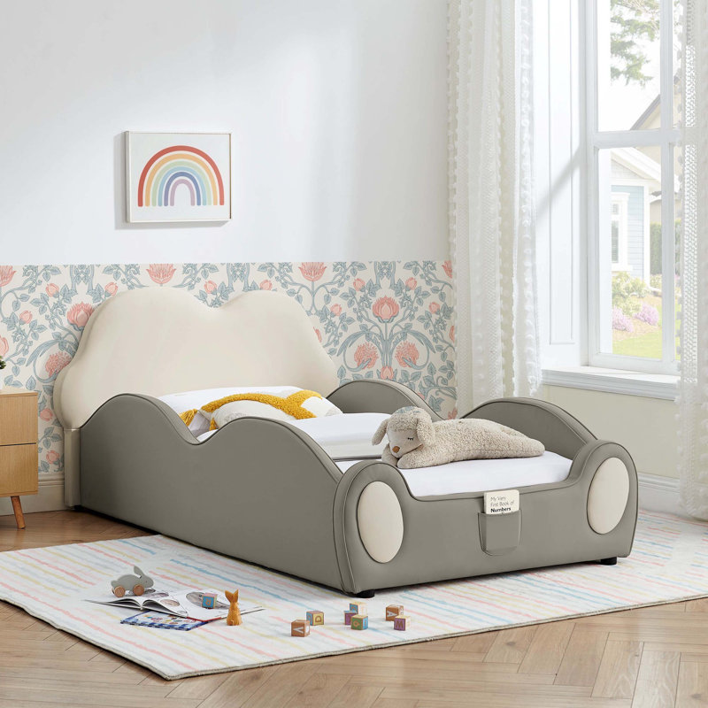 Lit simple mignon en forme de nuage pour enfants en cuir de polyuréthane avec garde-corps, lit pour tout-petits sécuritaire avec pochette de rangement beige et grise