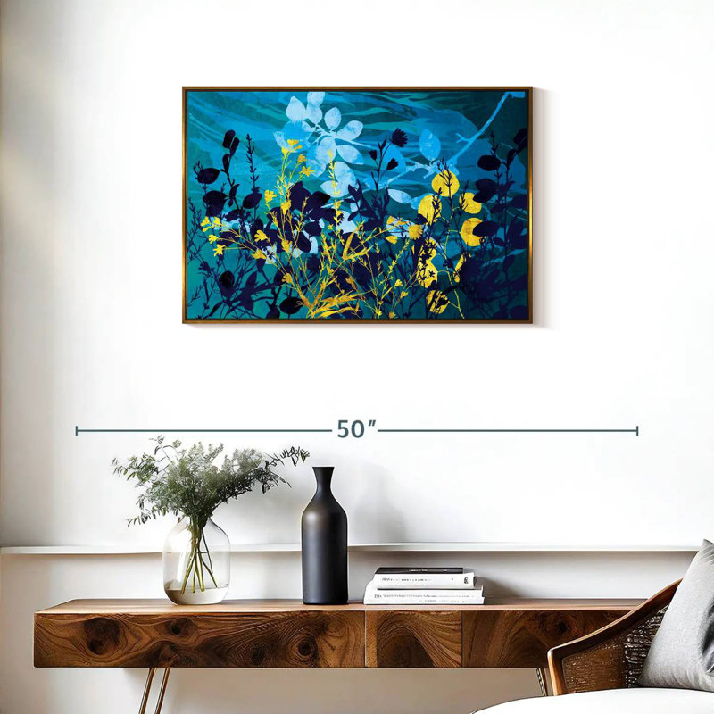 Feuillage de paysage doré et bleu, Cadre flottant doré, 31 po x 21 po