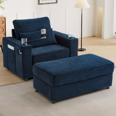 Fauteuil de style moderne avec fauteuil de 42,5 po avec repose-pieds mobile, deux ports USB, deux porte-gobelets, un porte-téléphone et des poches latérales pour le salon