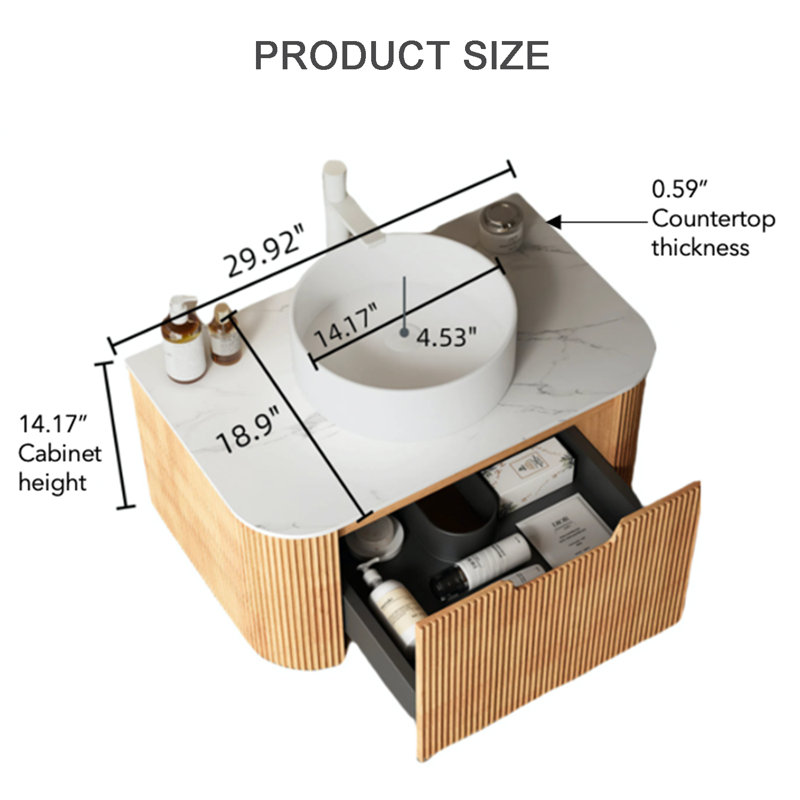 Meuble-lavabo mural avec lavabo en marbre artificiel, Bois naturel