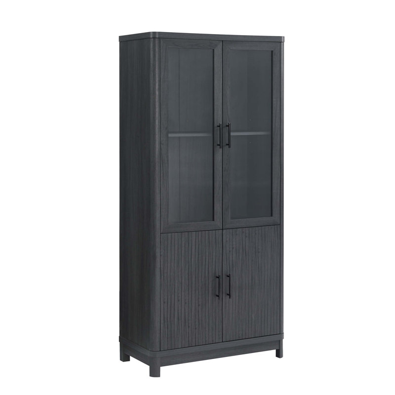 Jodie Bookcase with Adjustable Shelves and Tempered Glass Doors, Charcoal Gray