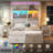 Farmhouse Queen Murphy Bed with  Bookcase Headboard & Built-In Desk & LED Lights, White-1298973671-1298973665