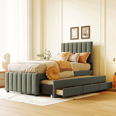 Lit plateforme simple tapissier avec lit gigogne et 3 tiroirs, tissu en lin, gris