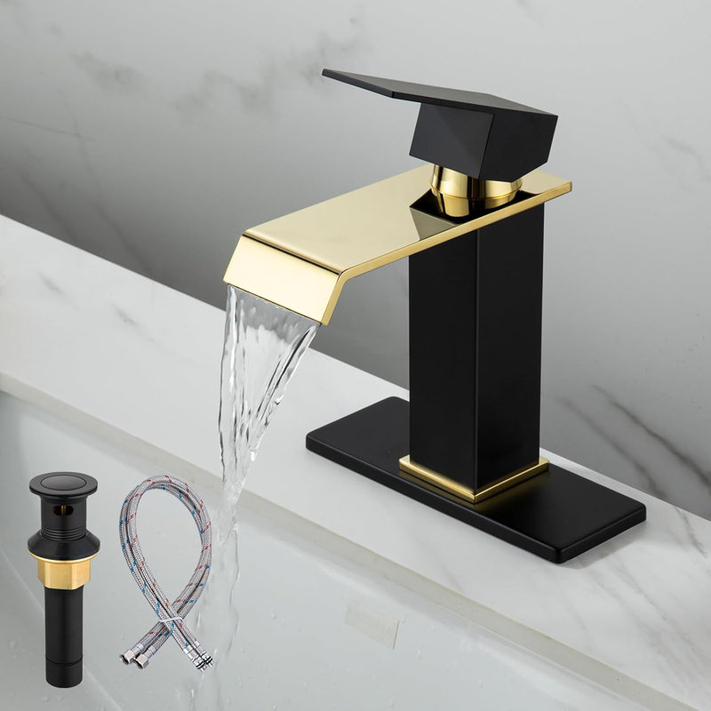 Matte Black & Gold Modern Bathroom Faucet, Single Handle Waterfall Sink Faucet with Swivel Spout, for 1 or 3 Hole Installation