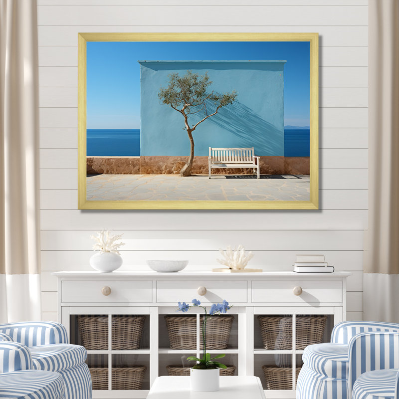 Arbre avec un banc, horizon de la Grèce - art mural nautique et plage, salon, H 30 po x l 40 po x P 1,5 po