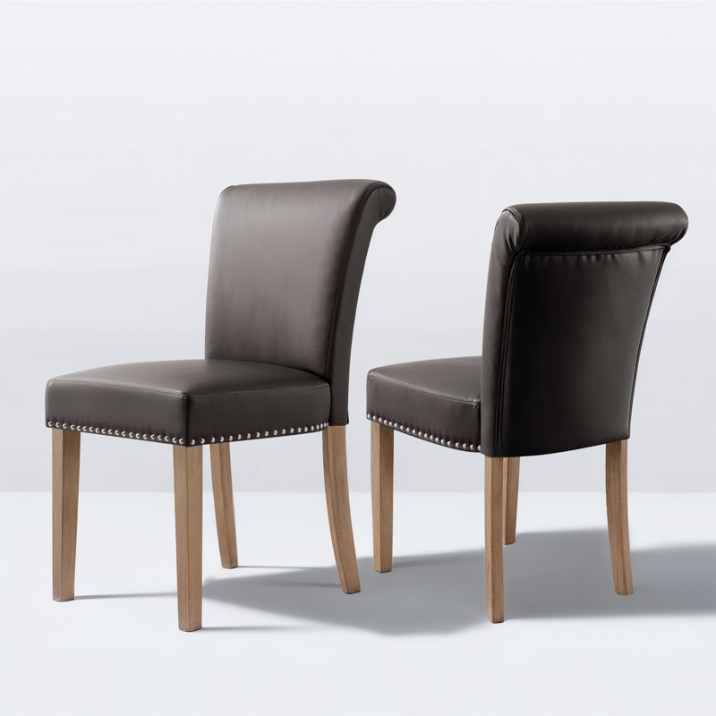 Momordique Nailed Trim Faux Leather Waterproof Upholstered Parsons Dining Chairs, 2, Gray/Brown