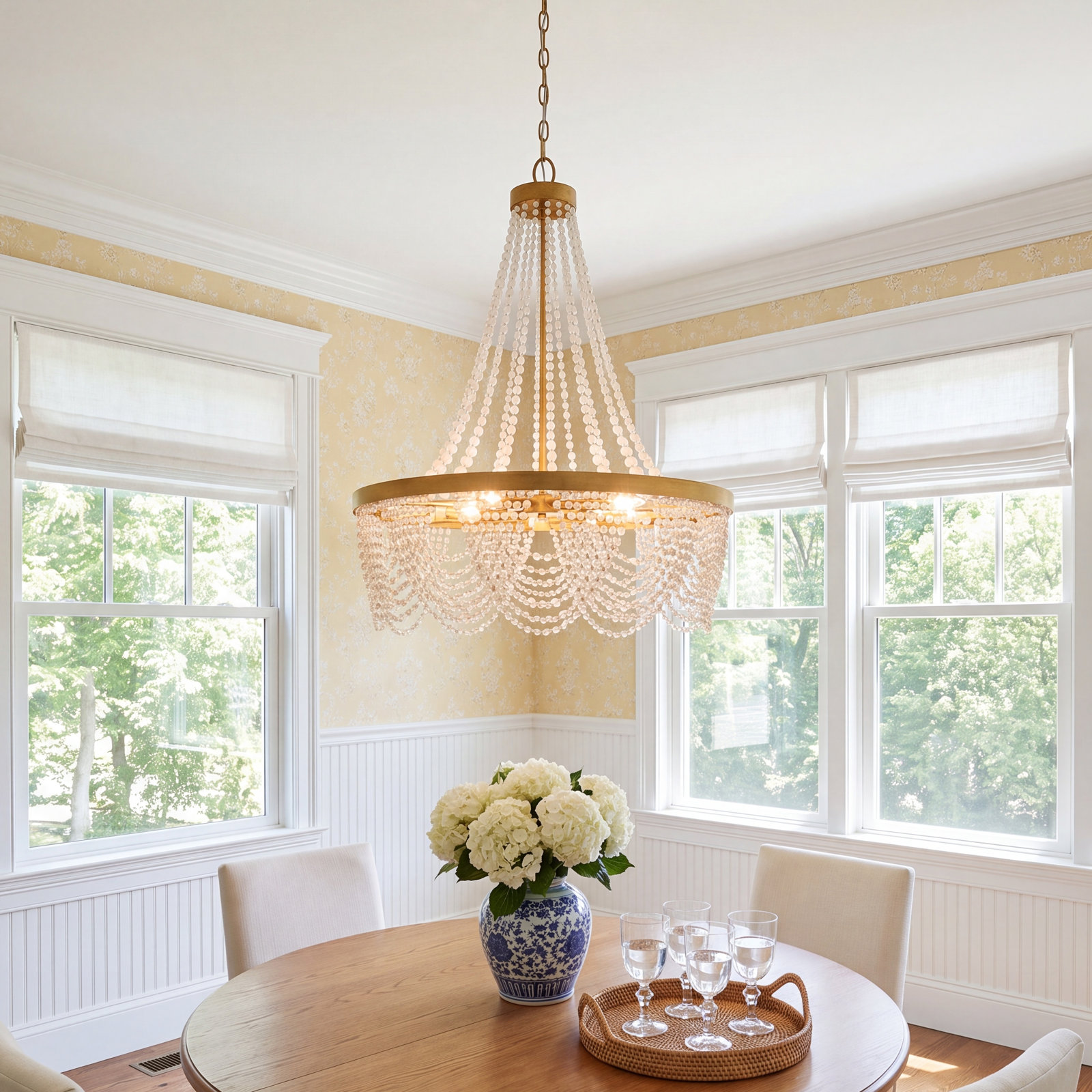 4 - Light Dimmable Empire Chandelier, White Glass Beads