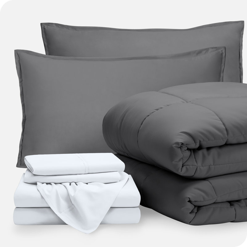 Microfiber Bed-In-A-Bag, Gray/White, Split King Head Flex Comforter + 6 Additional Pcs