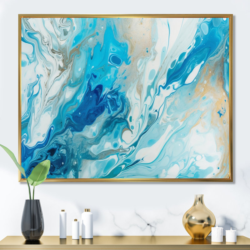 Bleu et blanc embrassant l'inconnu I - reproduction sur toile, 16" H x 32" W, Cadre flottant doré