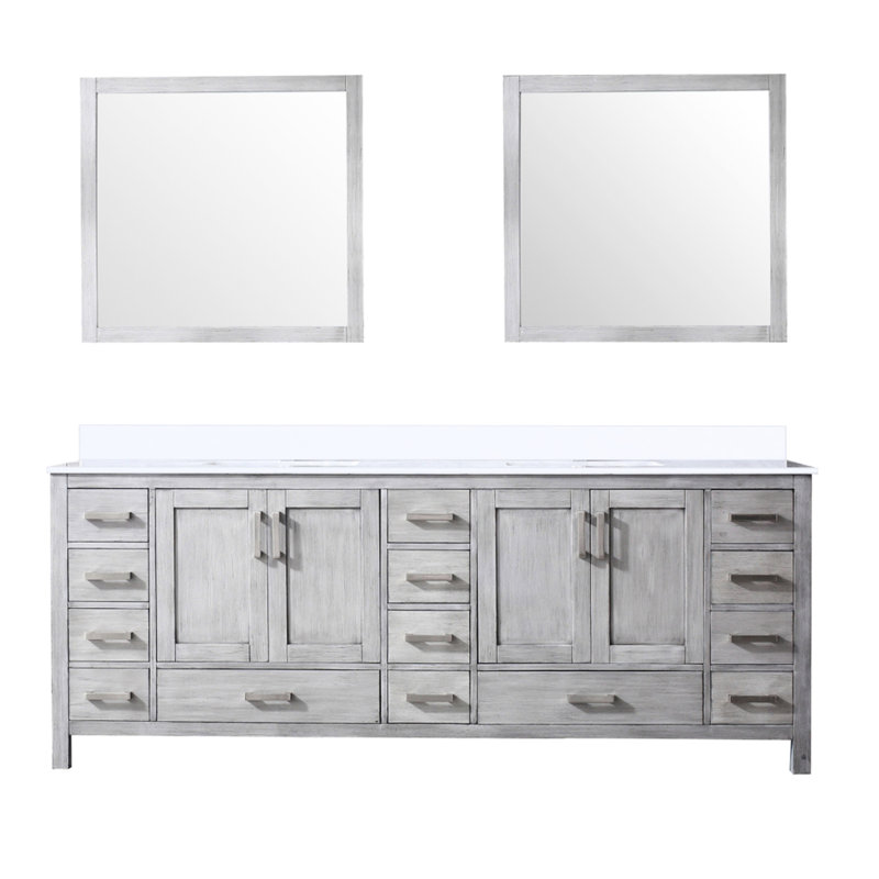 Meuble-lavabo double en gris patiné, l 84 po x P 22 po, surface en quartz blanc et miroirs - fermeture douce et rangement abondant gris Meuble-lavabo 22 po, comptoir, salle de bain spacieuse