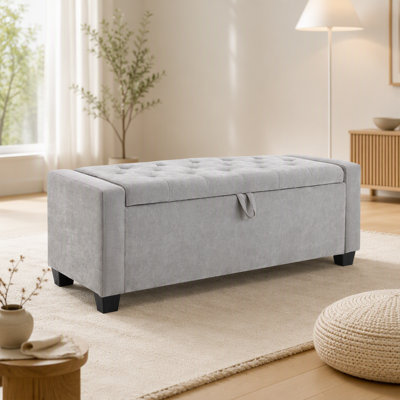 48" Ottoman with Storage, Storage Ottoman Bench with Safety Hinge, Upholstered Entryway Bench with Seating for Bedroom, Living Room, Hold up to 350 lb, Light Grey