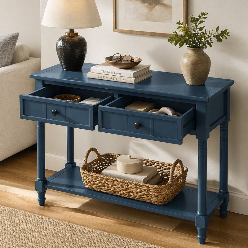 Console Trexm Daisy Series avec deux tiroirs et une tablette inférieure (bleu marine foncé), Navy / Dark Navy, Navy