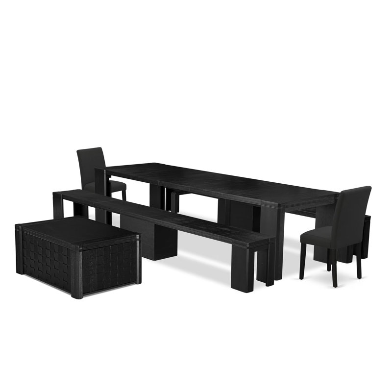 Ensemble de table de cuisine avec table basse, 2 bancs en bois et 2 chaises de salle à manger en tissu de lin noir, noir brossé