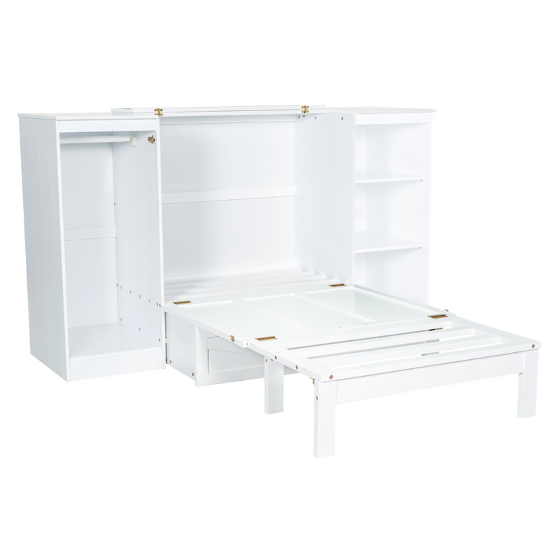 Lit simple avec rangement de chevet et garde-robe - blanc, pièce fonctionnelle avec tablette optionnelle