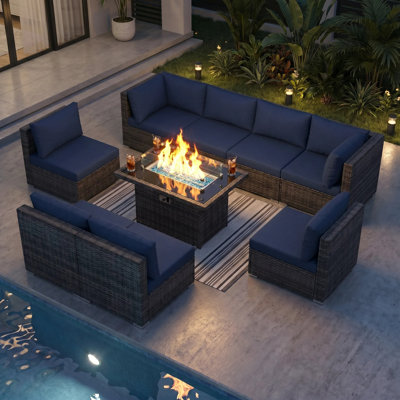 Alcalde 9-Piece Outdoor Wicker Conversation Set, Modular Sectional & 60,000 BTU Propane/Natural Gas Fire Pit Table