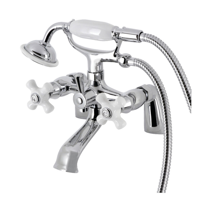 Kingston Brass Kingston Three-Handle 2-Hole Deck Mount Clawfoot Tub Faucet with Hand Shower, Polished Chrome