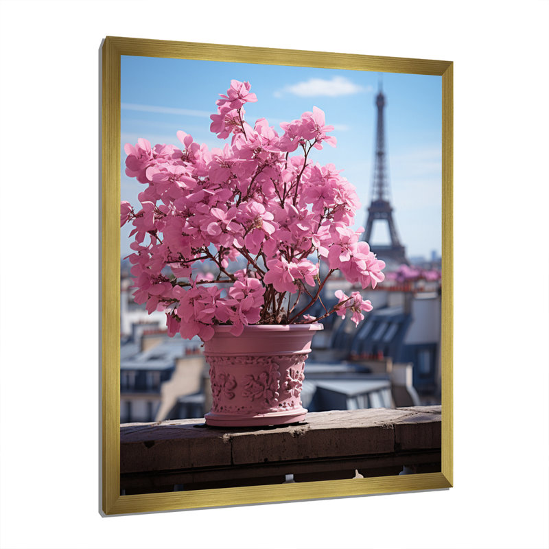 «Pink Paris Parisian Rooftop Views on Toiles», Cadre photo doré, H 32 po x l 16 po x P 1 po