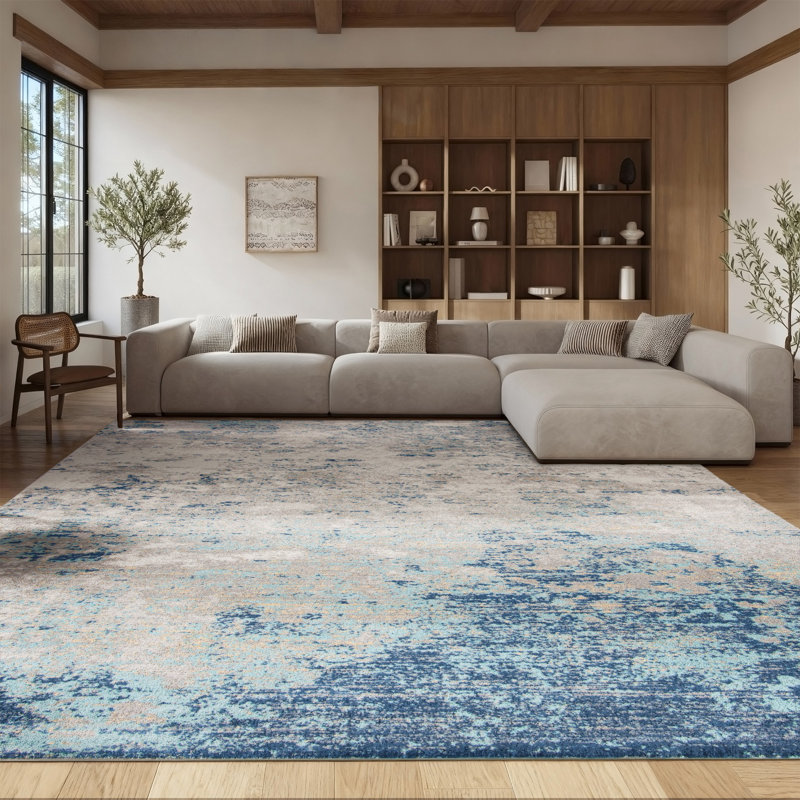 Tapis abstrait gris clair / bleu N'Keal, Rectangle 8 pi x 10 pi, Light Grey/Blue