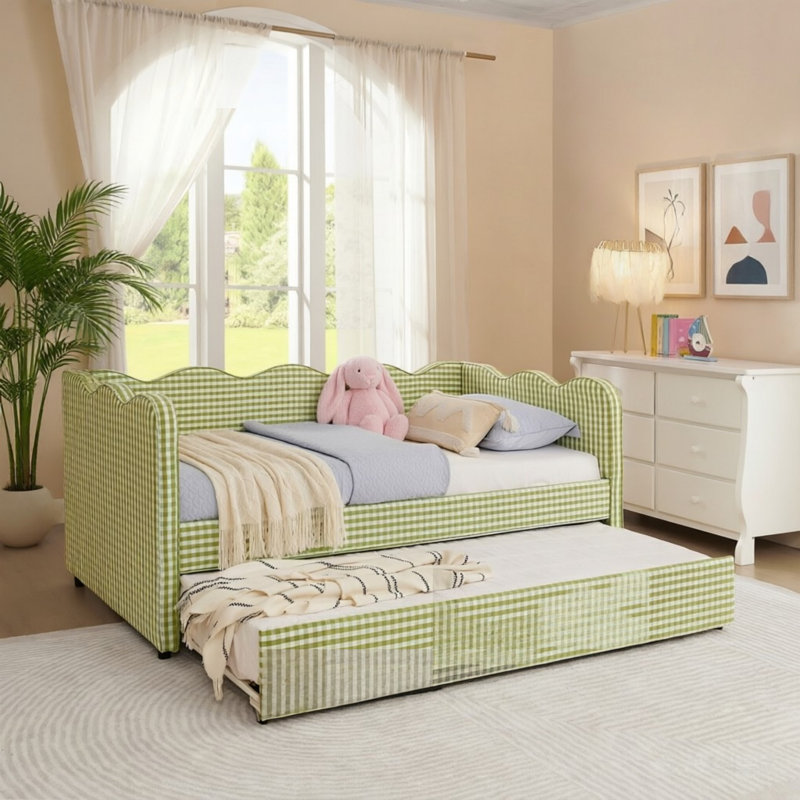 Lit de jour simple adorable en forme de vague en tissu de lin Vichy douillet ， avec port USB gigogne ， Aucun sommier nécessaire