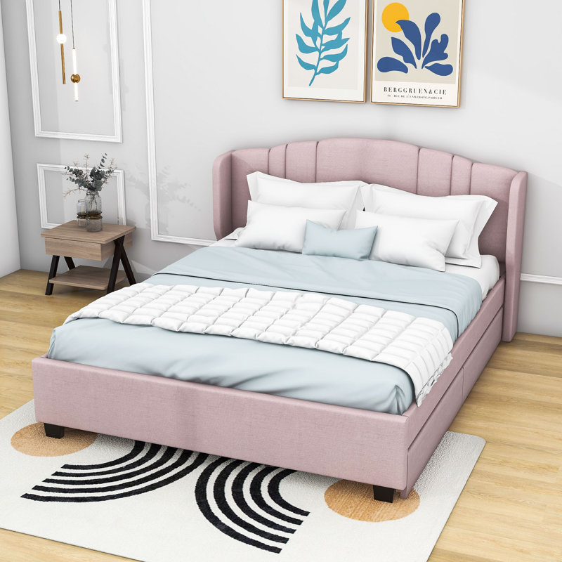 Grand lit plateforme tapissier 2 tiroirs Mackeroy, Rose