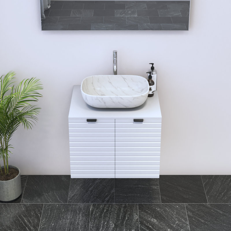 Meuble-lavabo simple 23,6 po avec dessus Kayben, Blanc, Blanc